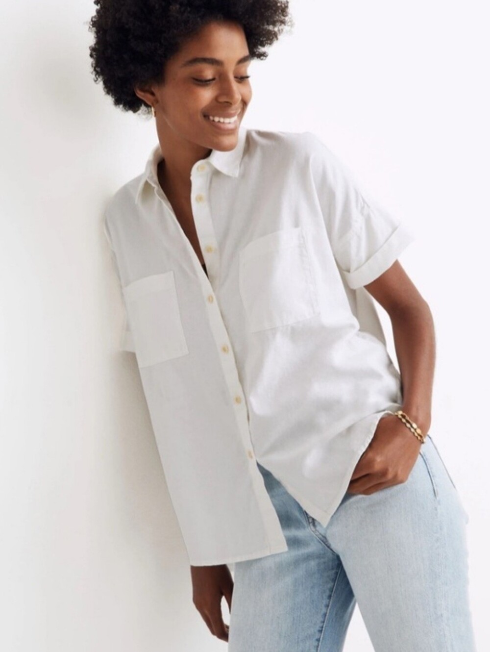 MADEWELL WHITE COTTON COURIER SHIRT LARGE